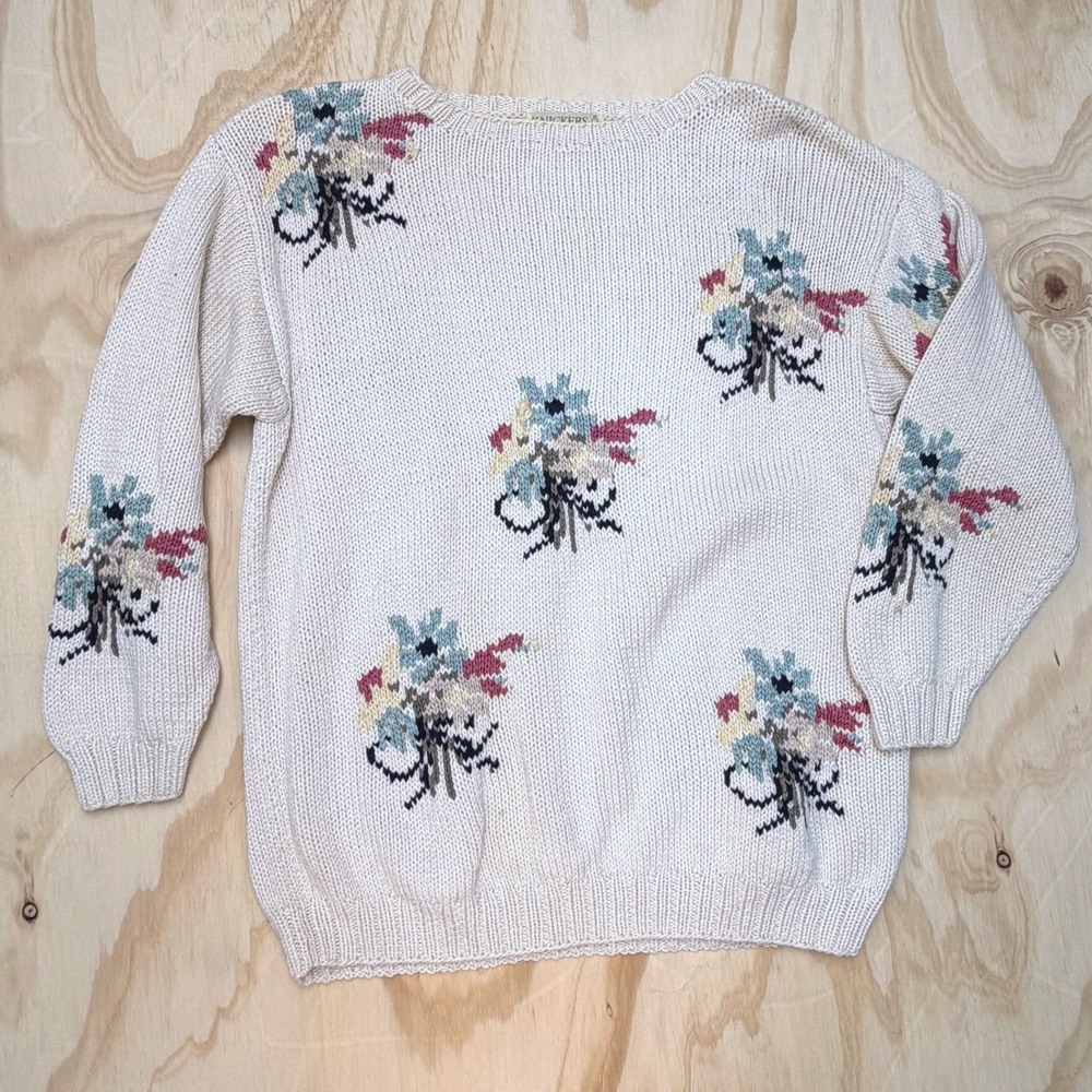 Knickers Vintage Hand Knitted Mercerized Cotton Floral Intarsia Sweater Cream S